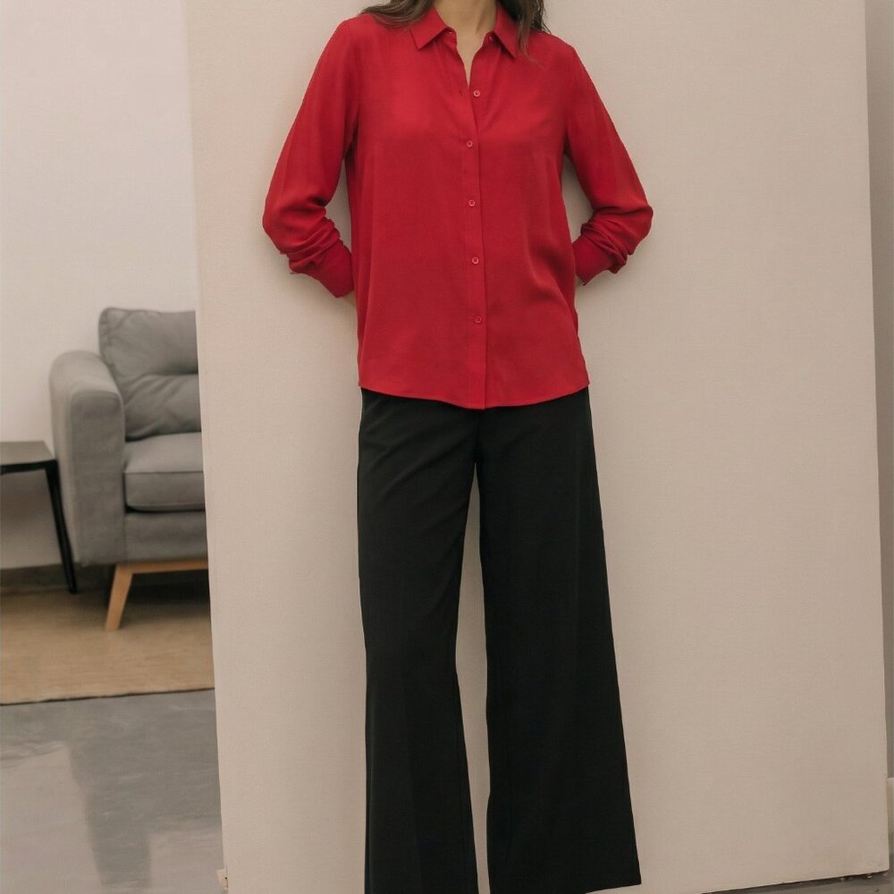 RED Georgette silk crepe classic Eileen Fisher silk Button shirt LONG sleeve L